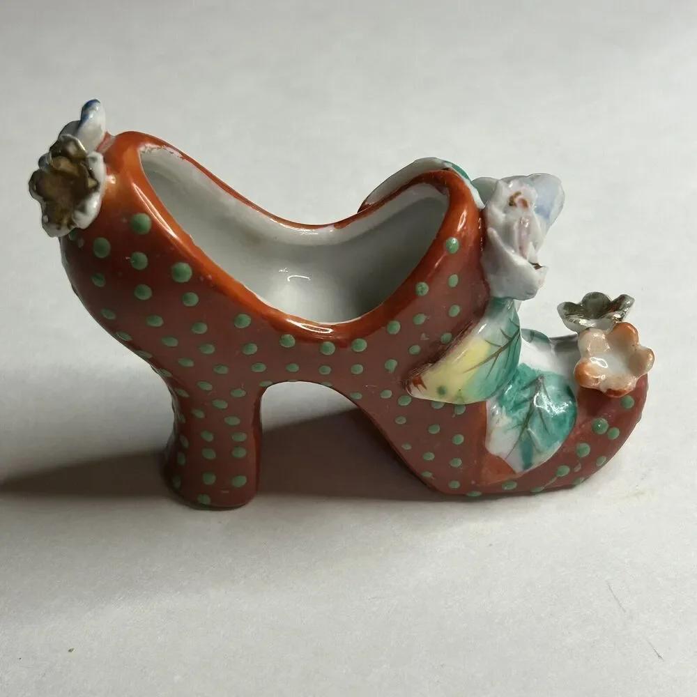 Vintage Porcelain Shoe made in Japan‎ Red with Green Polka dots miniature 3